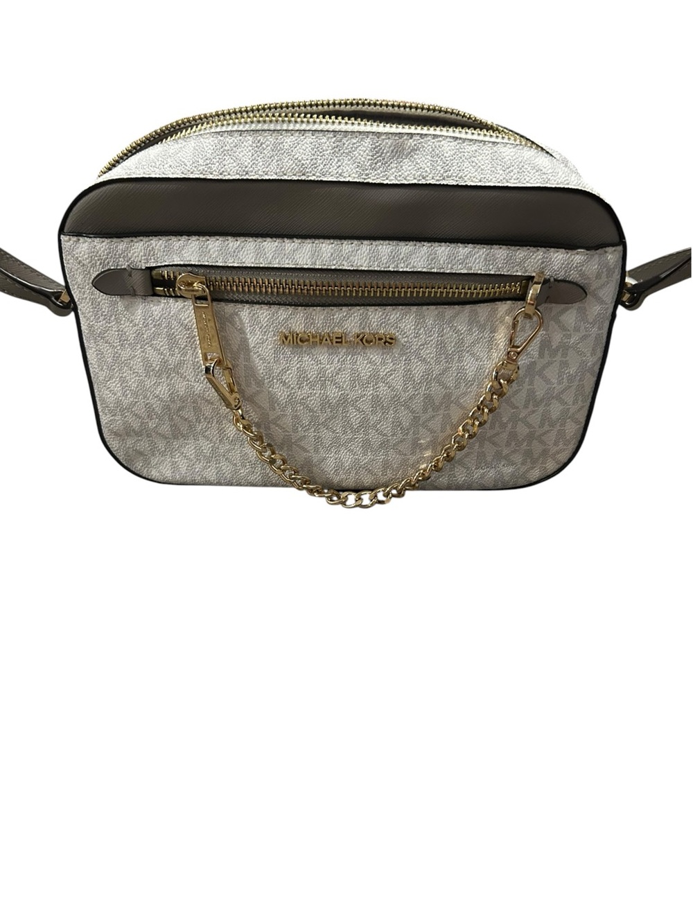 Michael Kors Cream and Brown Signature Crossbody with Gold Chain
